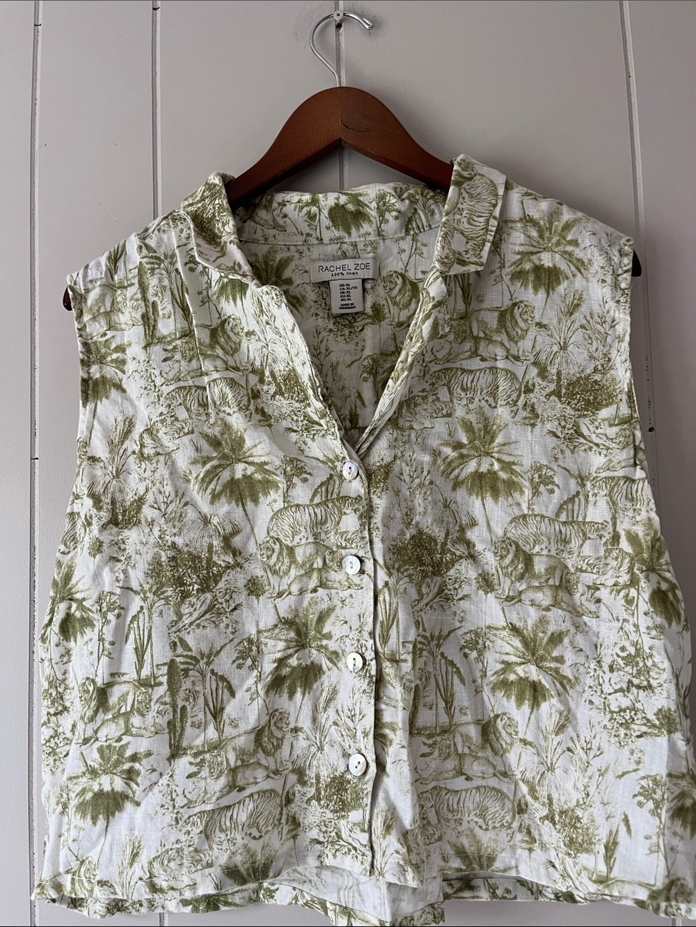 Rachel Zoe Olive and White Sleeveless Button-Up Shirt